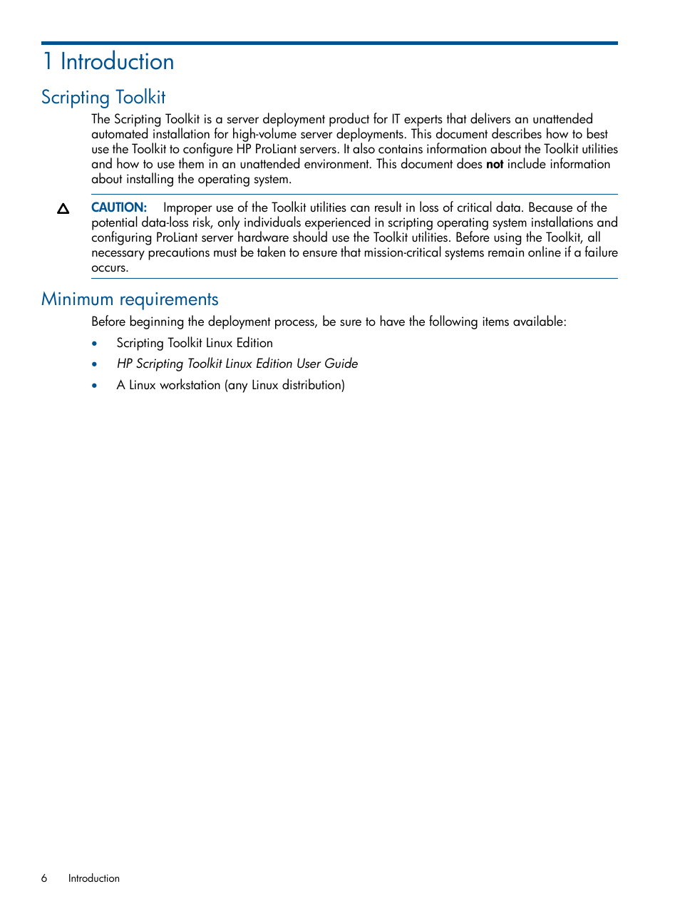 1 introduction, Scripting toolkit, Minimum requirements | Scripting toolkit minimum requirements | HP ProLiant DL380 Server User Manual | Page 6 / 65