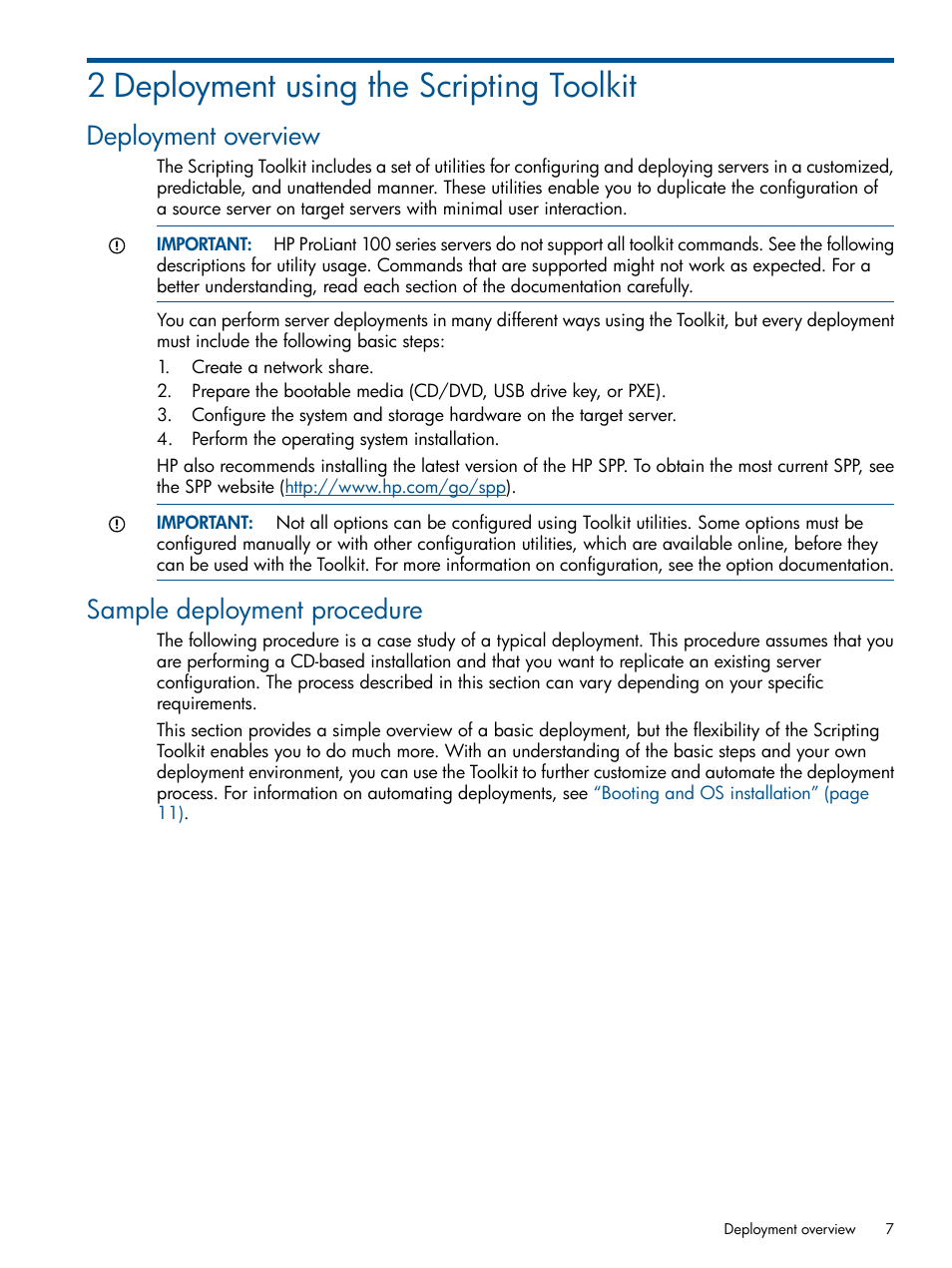 2 deployment using the scripting toolkit, Deployment overview, Sample deployment procedure | Deployment overview sample deployment procedure | HP ProLiant DL380 Server User Manual | Page 7 / 65