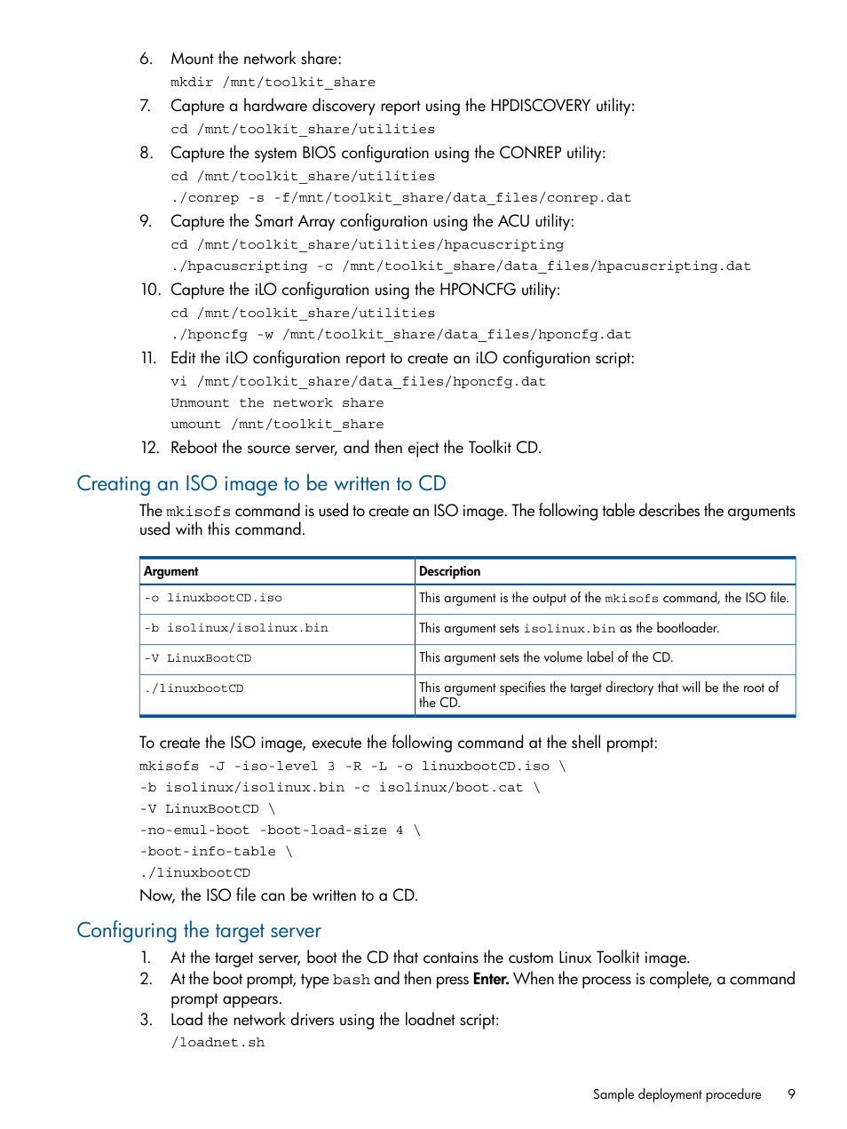 Creating an iso image to be written to cd, Configuring the target server | HP ProLiant DL380 Server User Manual | Page 9 / 65