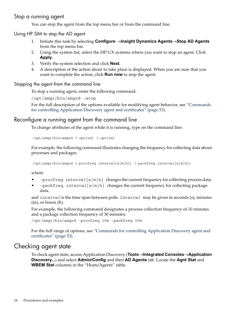 Stop a running agent, Using hp sim to stop the ad agent, Stopping the agent from the command line | Reconfigure a running agent from the command line, Checking agent state | HP Matrix Operating Environment Software User Manual | Page 16 / 75
