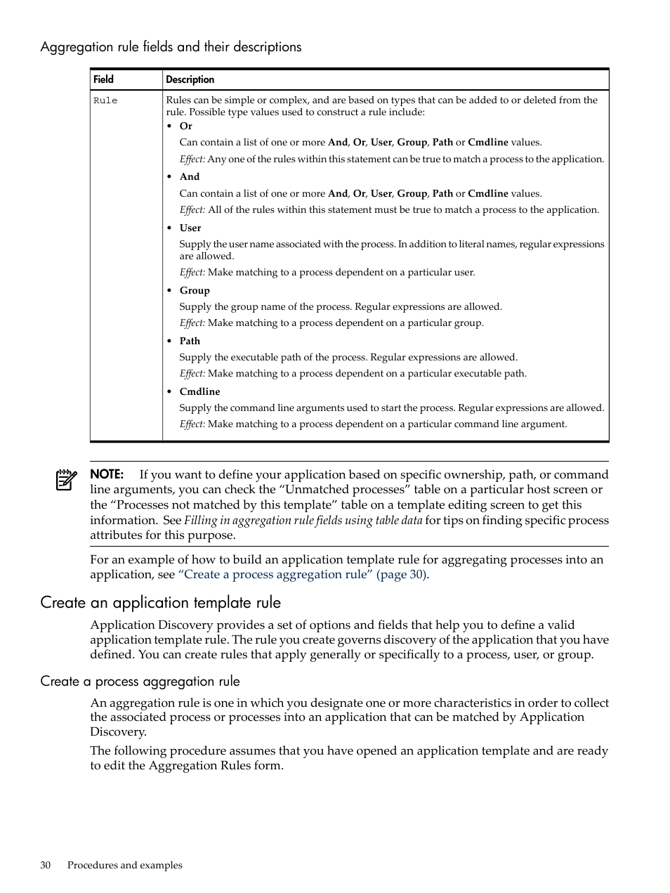 Aggregation rule fields and their descriptions, Create an application template rule, Create a process aggregation rule | Aggregation rule fields | HP Matrix Operating Environment Software User Manual | Page 30 / 75