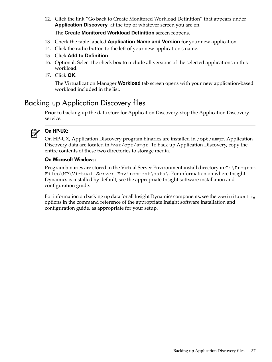 Backing up application discovery files | HP Matrix Operating Environment Software User Manual | Page 37 / 75