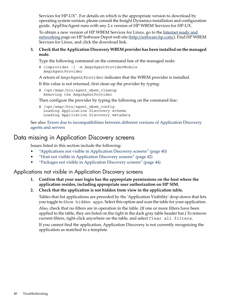 Data missing in application discovery screens | HP Matrix Operating Environment Software User Manual | Page 40 / 75