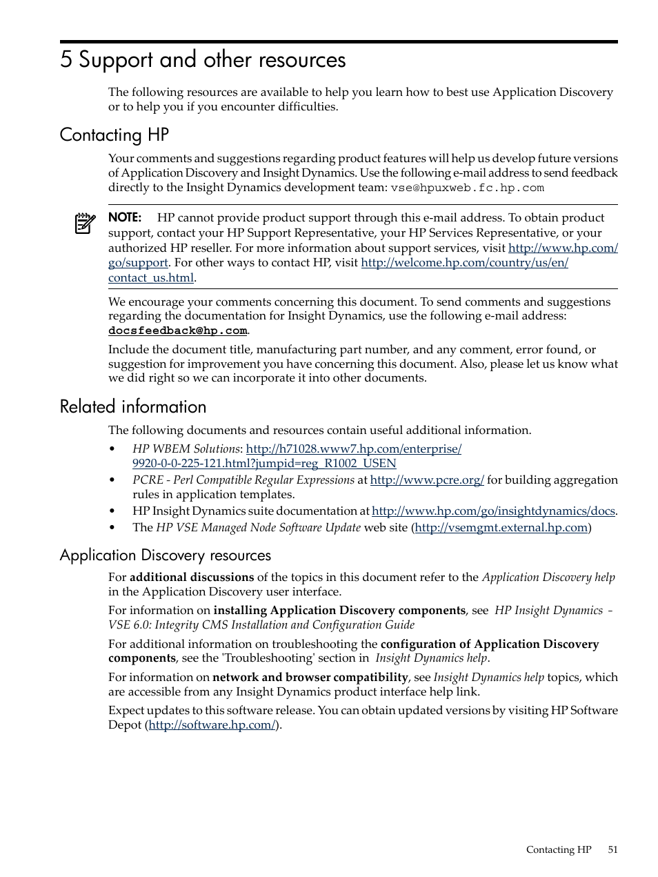 5 support and other resources, Contacting hp, Related information | Application discovery resources, Contacting hp related information | HP Matrix Operating Environment Software User Manual | Page 51 / 75