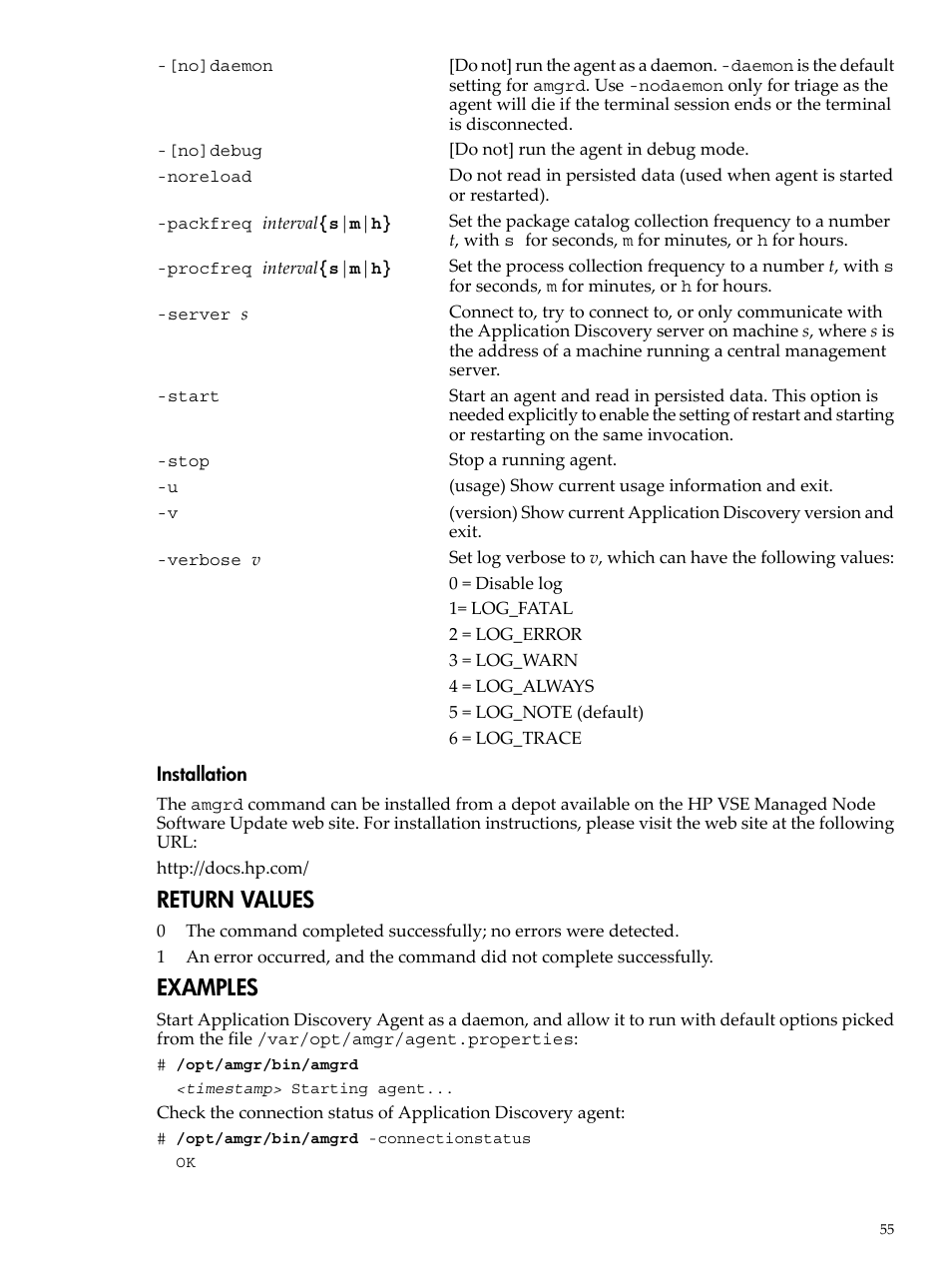 Return values, Examples | HP Matrix Operating Environment Software User Manual | Page 55 / 75