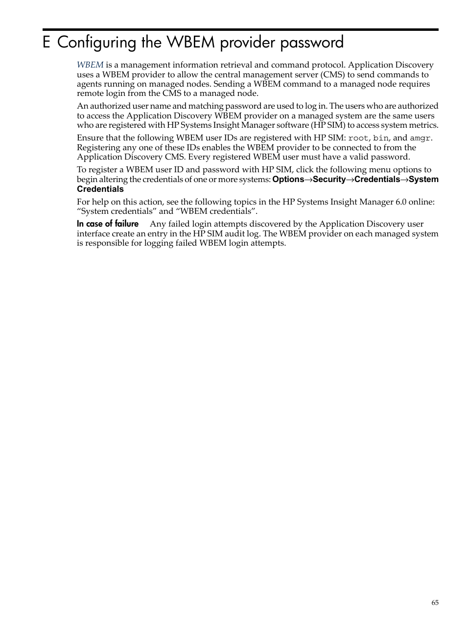 E configuring the wbem provider password | HP Matrix Operating Environment Software User Manual | Page 65 / 75