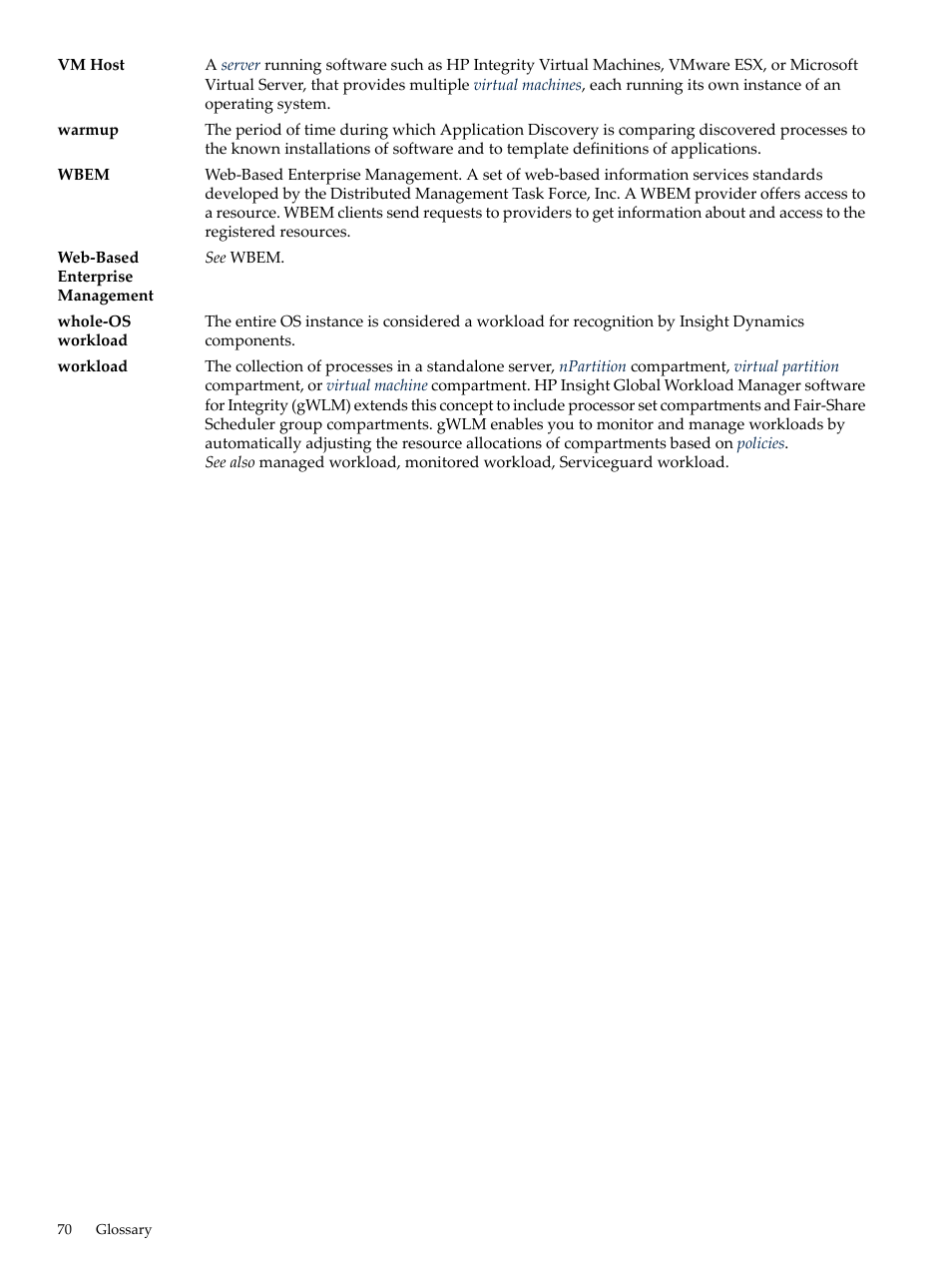 Workloads, Vm host, Workload | HP Matrix Operating Environment Software User Manual | Page 70 / 75