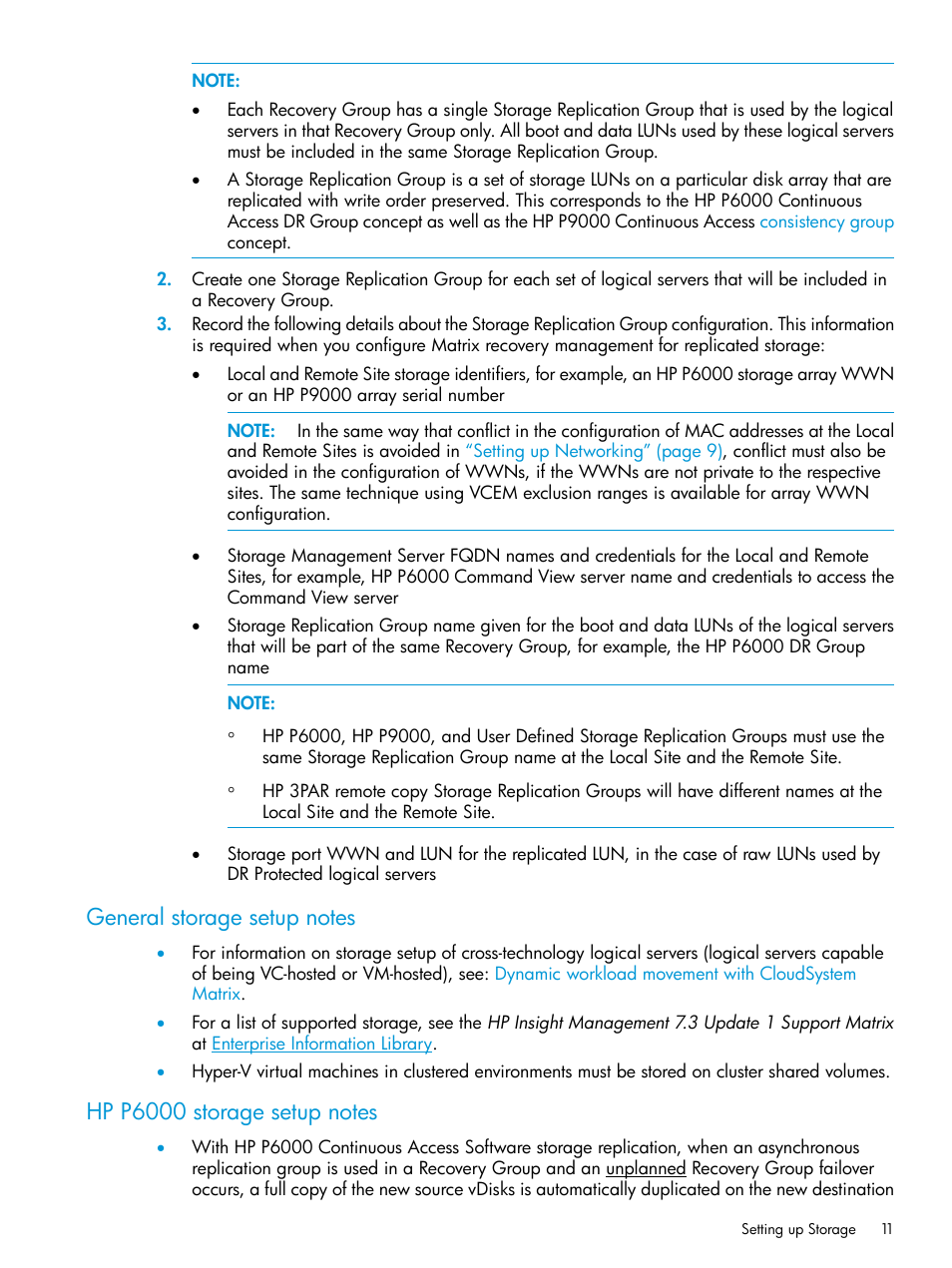 General storage setup notes, Hp p6000 storage setup notes | HP Matrix Operating Environment Software User Manual | Page 11 / 76