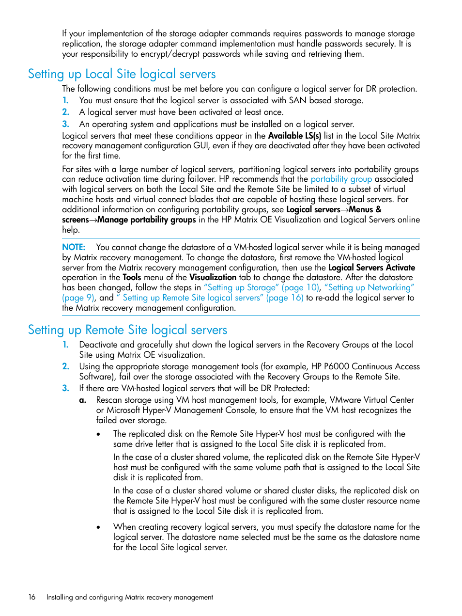 Setting up local site logical servers, Setting up remote site logical servers | HP Matrix Operating Environment Software User Manual | Page 16 / 76
