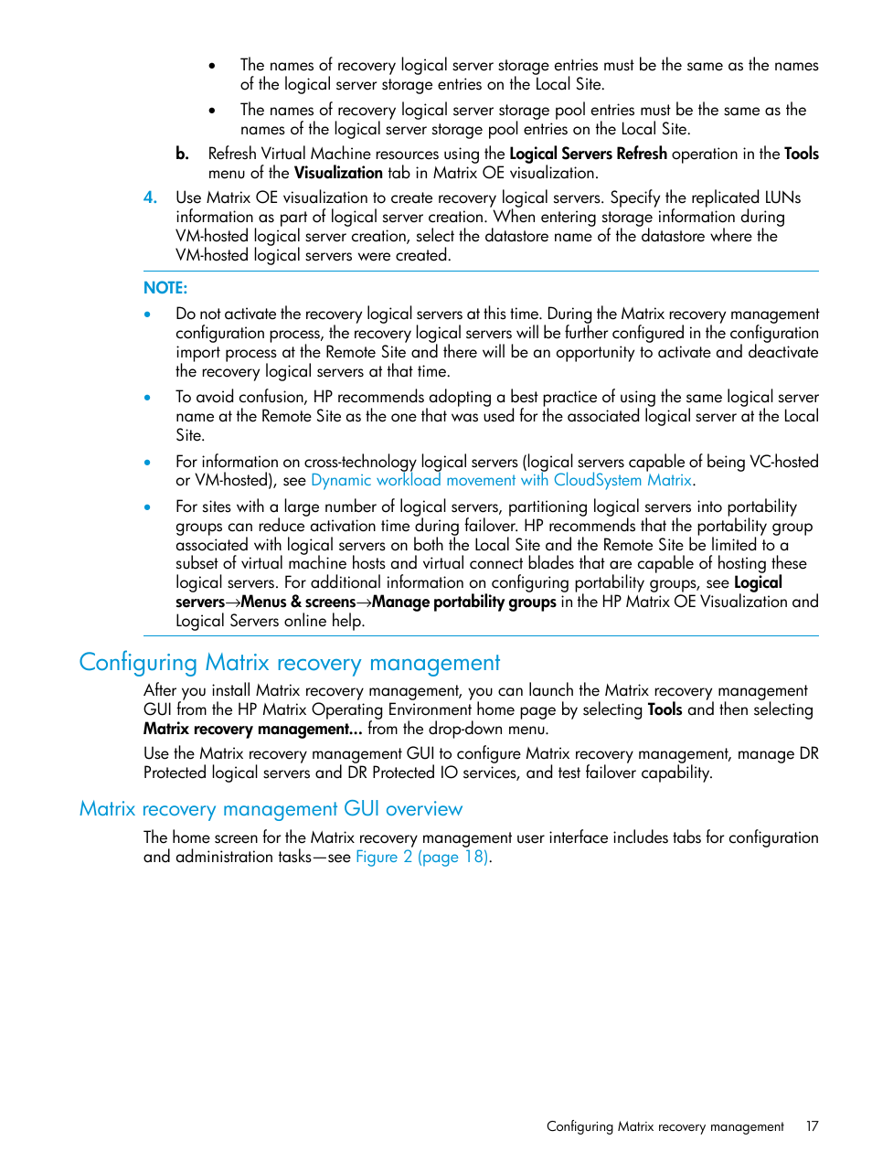 Configuring matrix recovery management, Matrix recovery management gui overview | HP Matrix Operating Environment Software User Manual | Page 17 / 76
