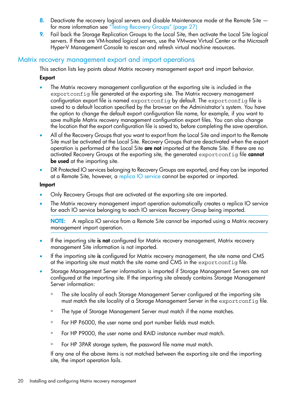Matrix recovery management export and import | HP Matrix Operating Environment Software User Manual | Page 20 / 76