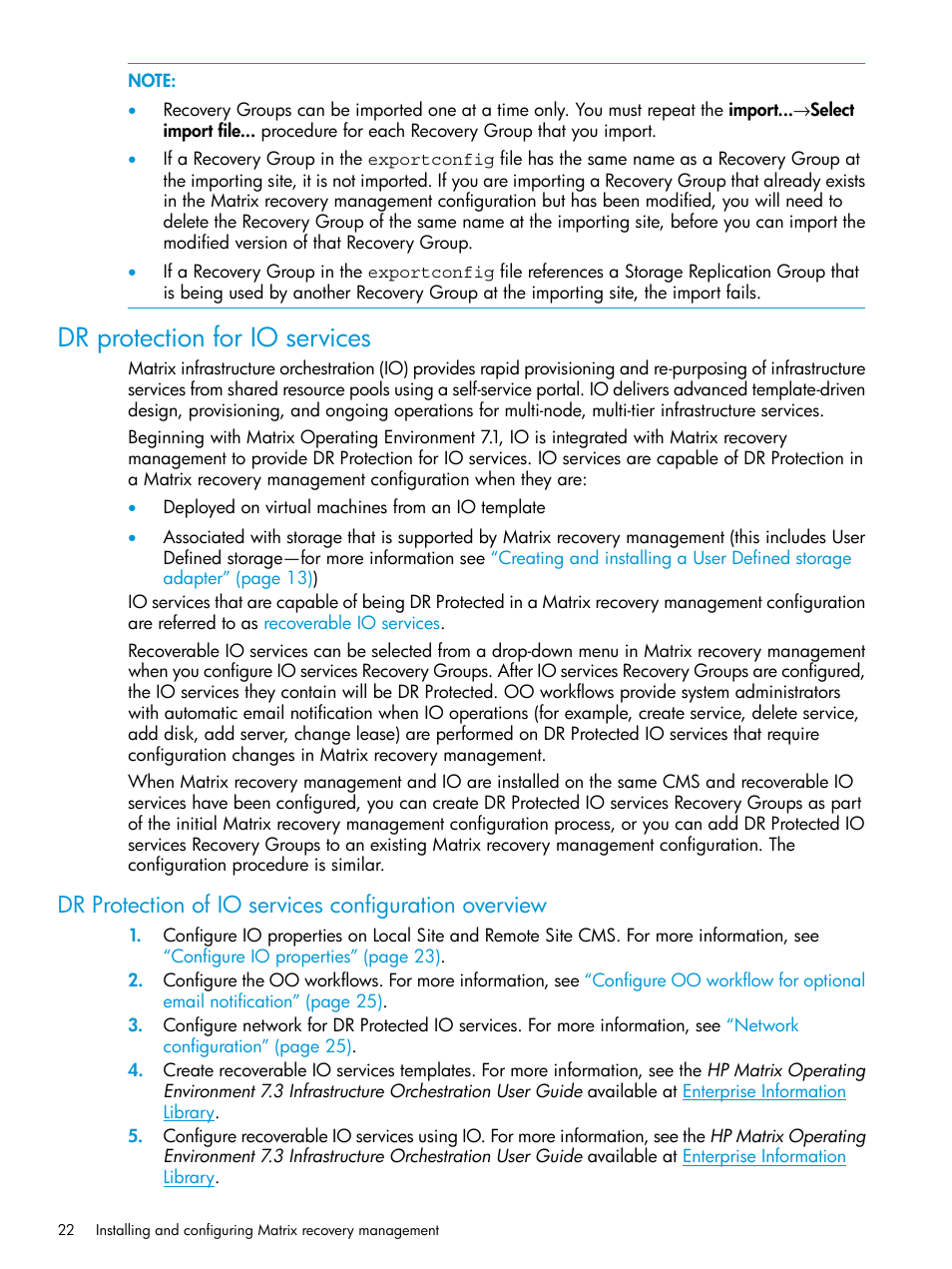 Dr protection for io services | HP Matrix Operating Environment Software User Manual | Page 22 / 76