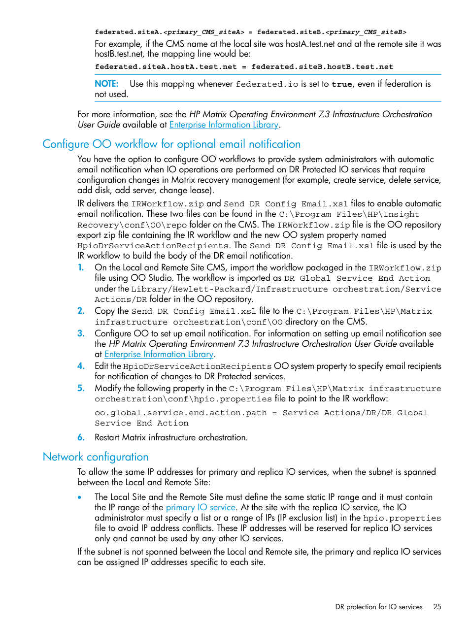 Network configuration, Configure oo workflow for optional, Network | HP Matrix Operating Environment Software User Manual | Page 25 / 76
