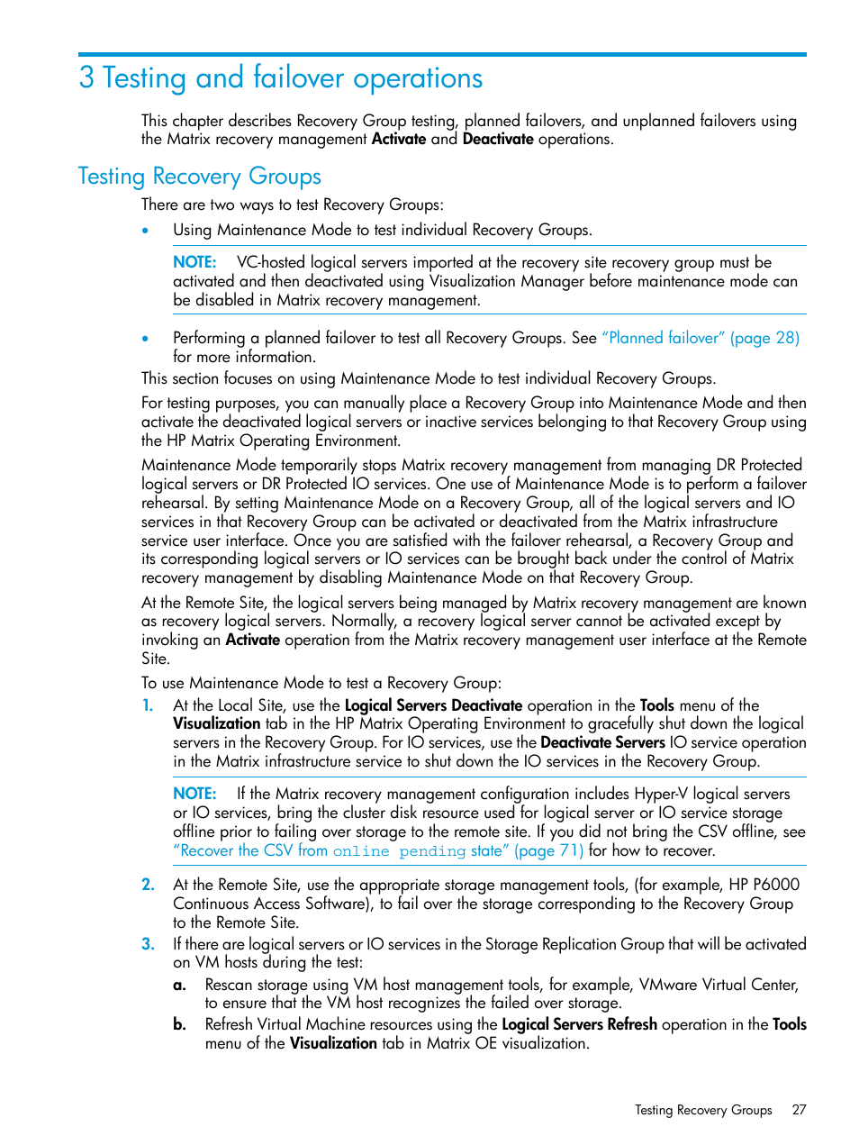 3 testing and failover operations, Testing recovery groups, Testing recovery | HP Matrix Operating Environment Software User Manual | Page 27 / 76