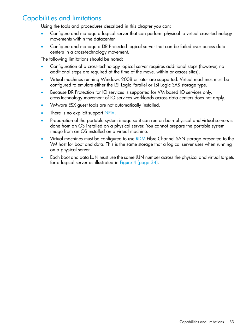 Capabilities and limitations | HP Matrix Operating Environment Software User Manual | Page 33 / 76