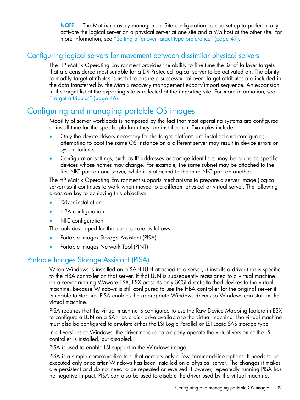 Configuring and managing portable os images, Portable images storage assistant (pisa) | HP Matrix Operating Environment Software User Manual | Page 39 / 76