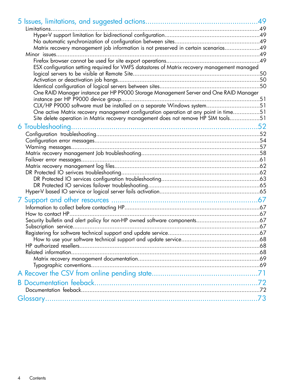 5 issues, limitations, and suggested actions, 6 troubleshooting, 7 support and other resources | Glossary | HP Matrix Operating Environment Software User Manual | Page 4 / 76