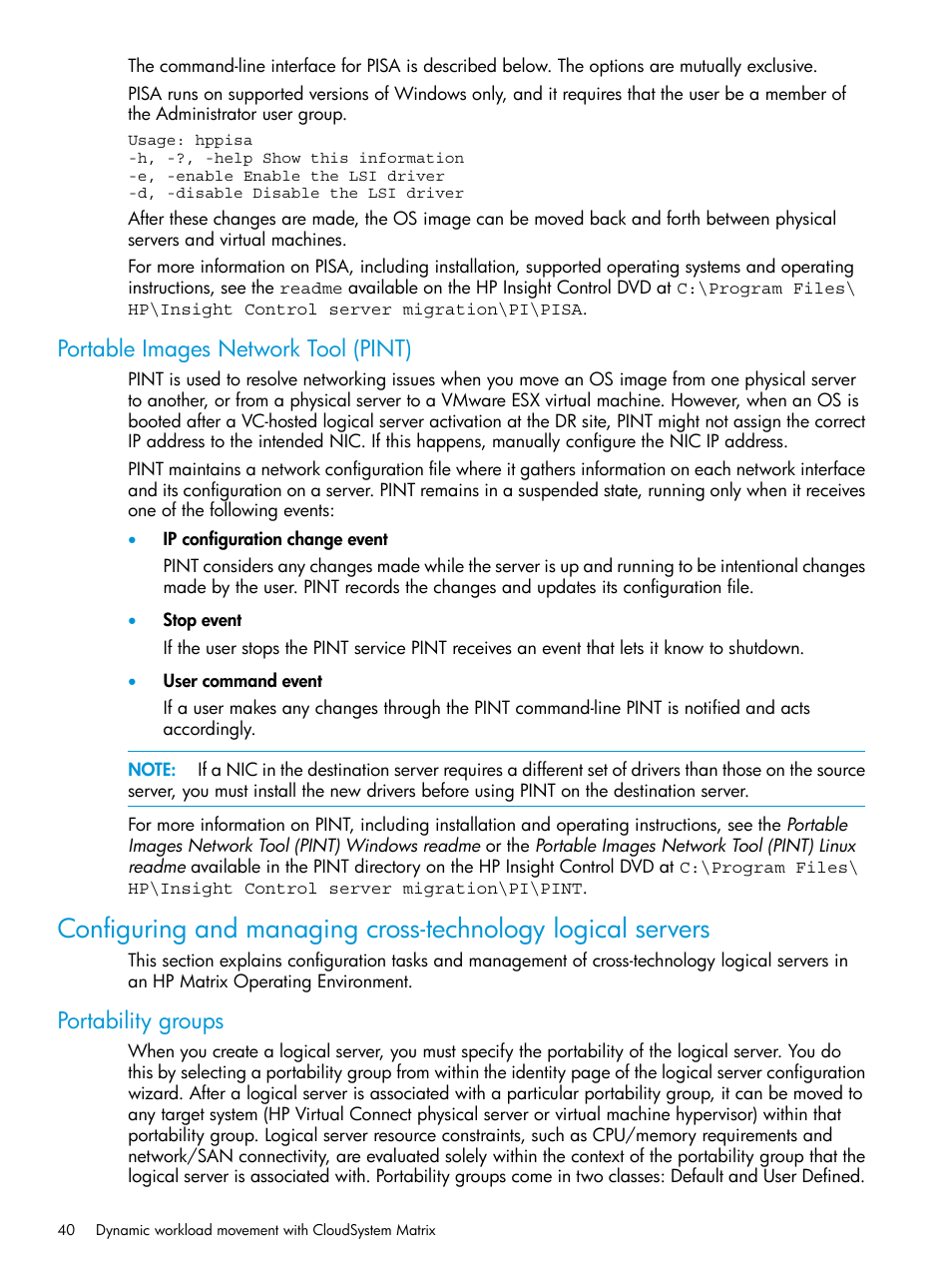 Portable images network tool (pint), Portability groups | HP Matrix Operating Environment Software User Manual | Page 40 / 76