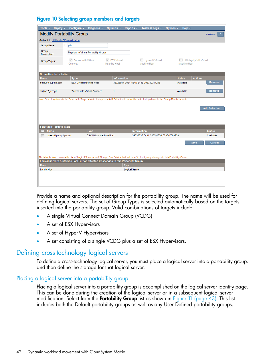 Defining cross-technology logical servers, Placing a logical server into a portability group | HP Matrix Operating Environment Software User Manual | Page 42 / 76