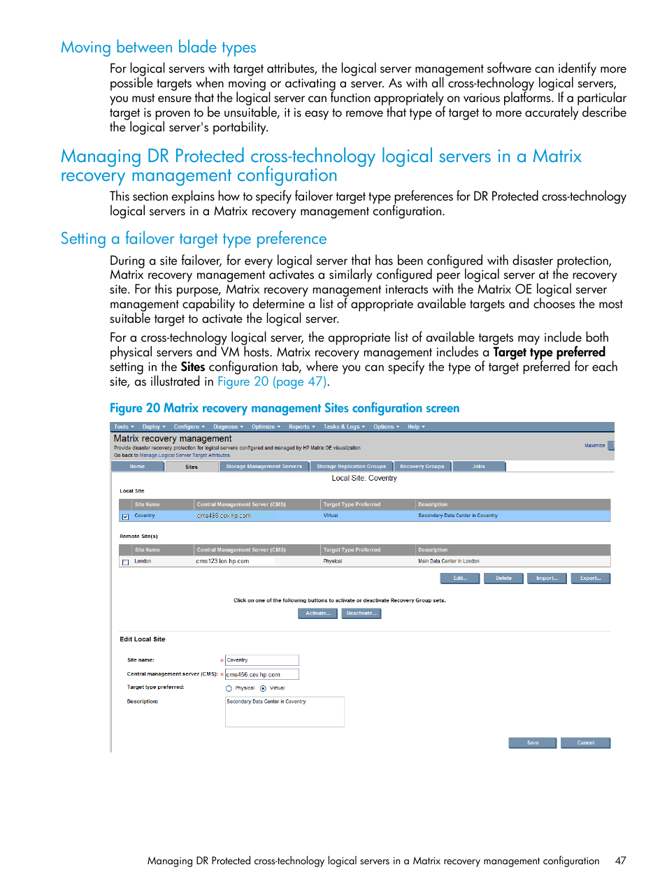 Moving between blade types, Setting a failover target type preference | HP Matrix Operating Environment Software User Manual | Page 47 / 76