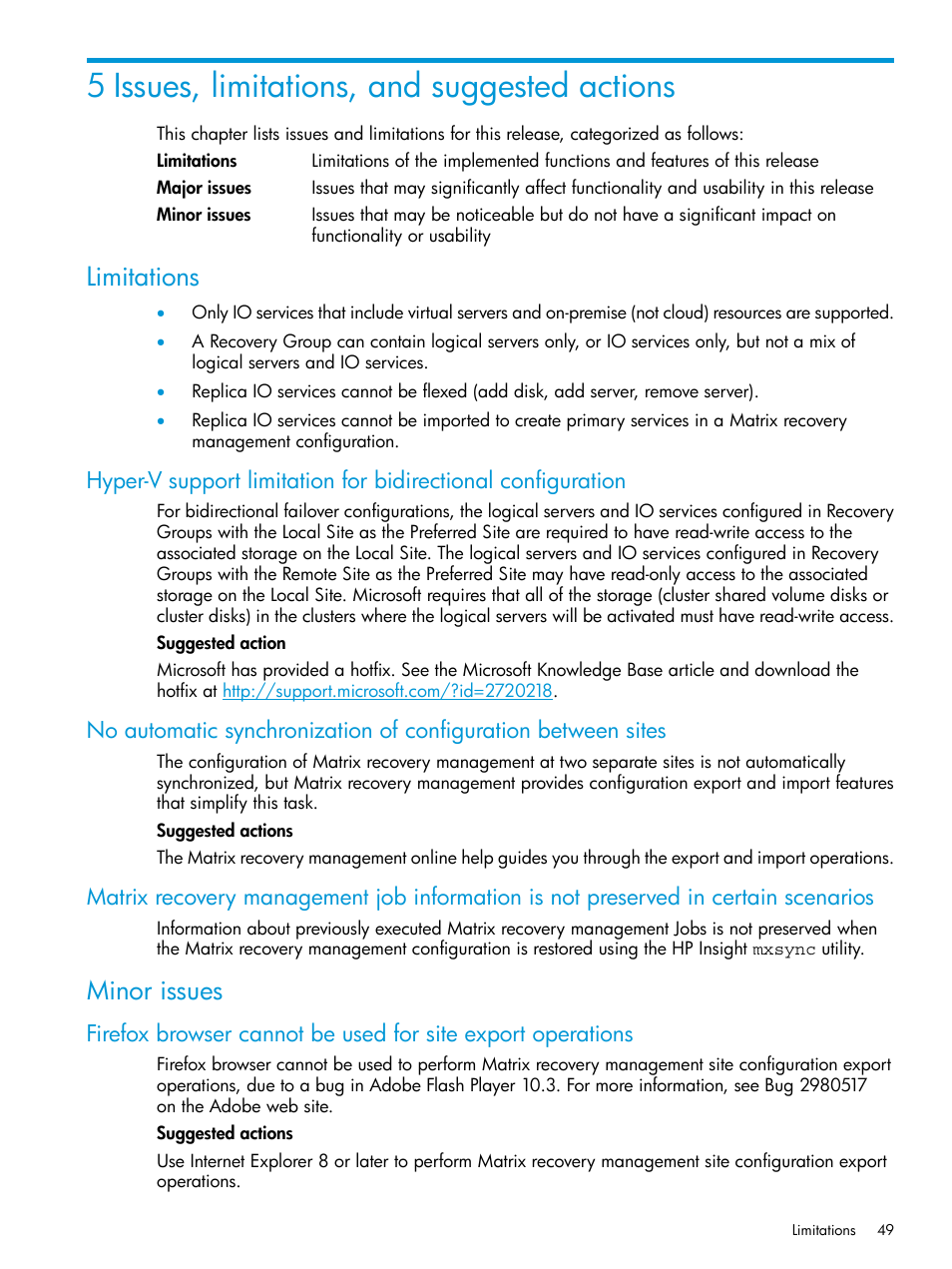 5 issues, limitations, and suggested actions, Limitations, Minor issues | HP Matrix Operating Environment Software User Manual | Page 49 / 76