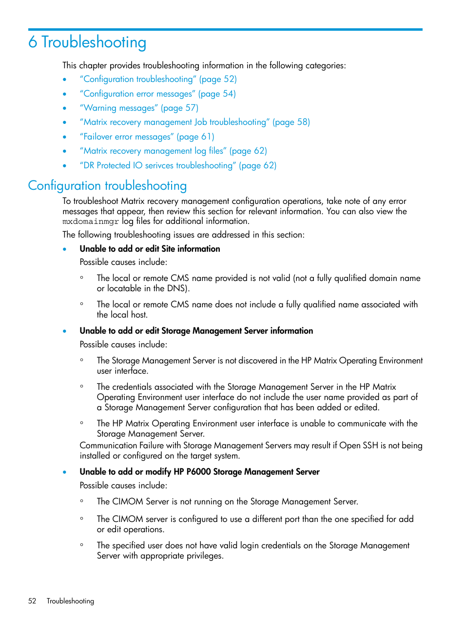 6 troubleshooting, Configuration troubleshooting | HP Matrix Operating Environment Software User Manual | Page 52 / 76