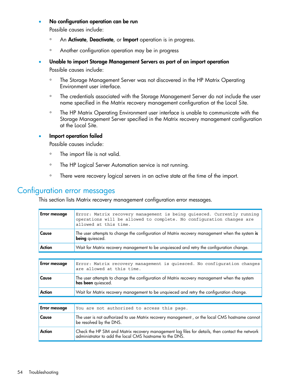 Configuration error messages | HP Matrix Operating Environment Software User Manual | Page 54 / 76