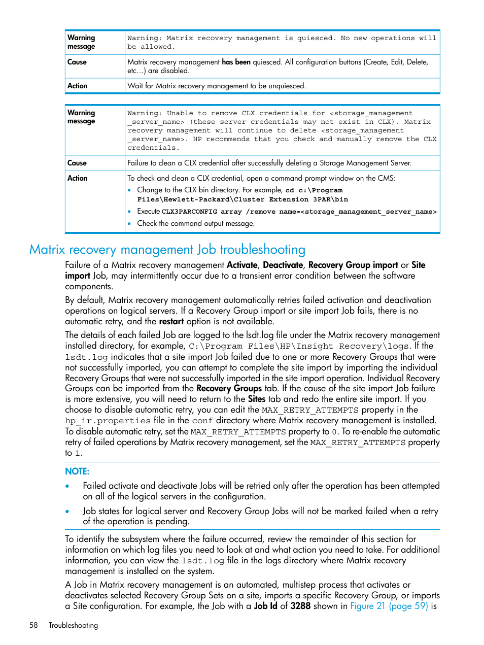 Matrix recovery management job troubleshooting | HP Matrix Operating Environment Software User Manual | Page 58 / 76