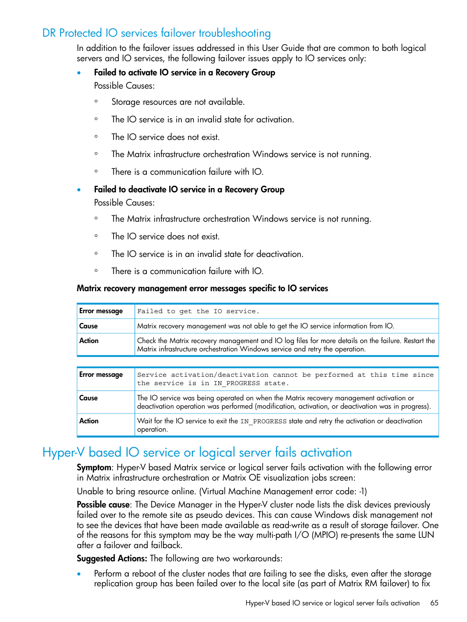 Dr protected io services failover troubleshooting | HP Matrix Operating Environment Software User Manual | Page 65 / 76