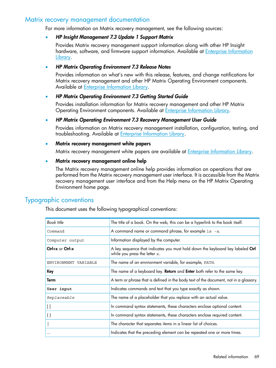 Matrix recovery management documentation, Typographic conventions | HP Matrix Operating Environment Software User Manual | Page 69 / 76