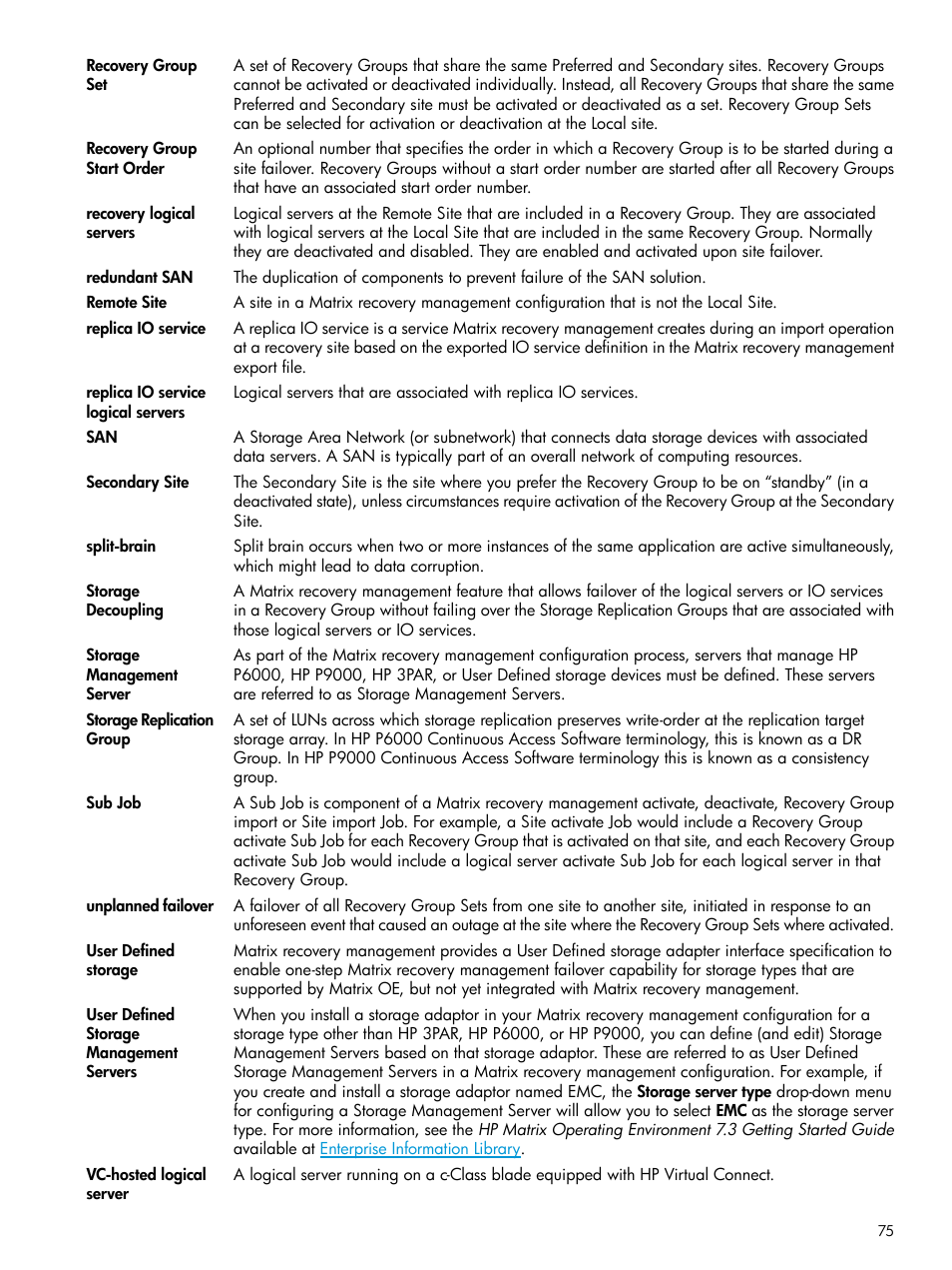 Vc-hosted logical server, Remote site, Storage | Replication group, Secondary site, Recovery group set, User defined storage, Storage management server, Storage decoupling | HP Matrix Operating Environment Software User Manual | Page 75 / 76