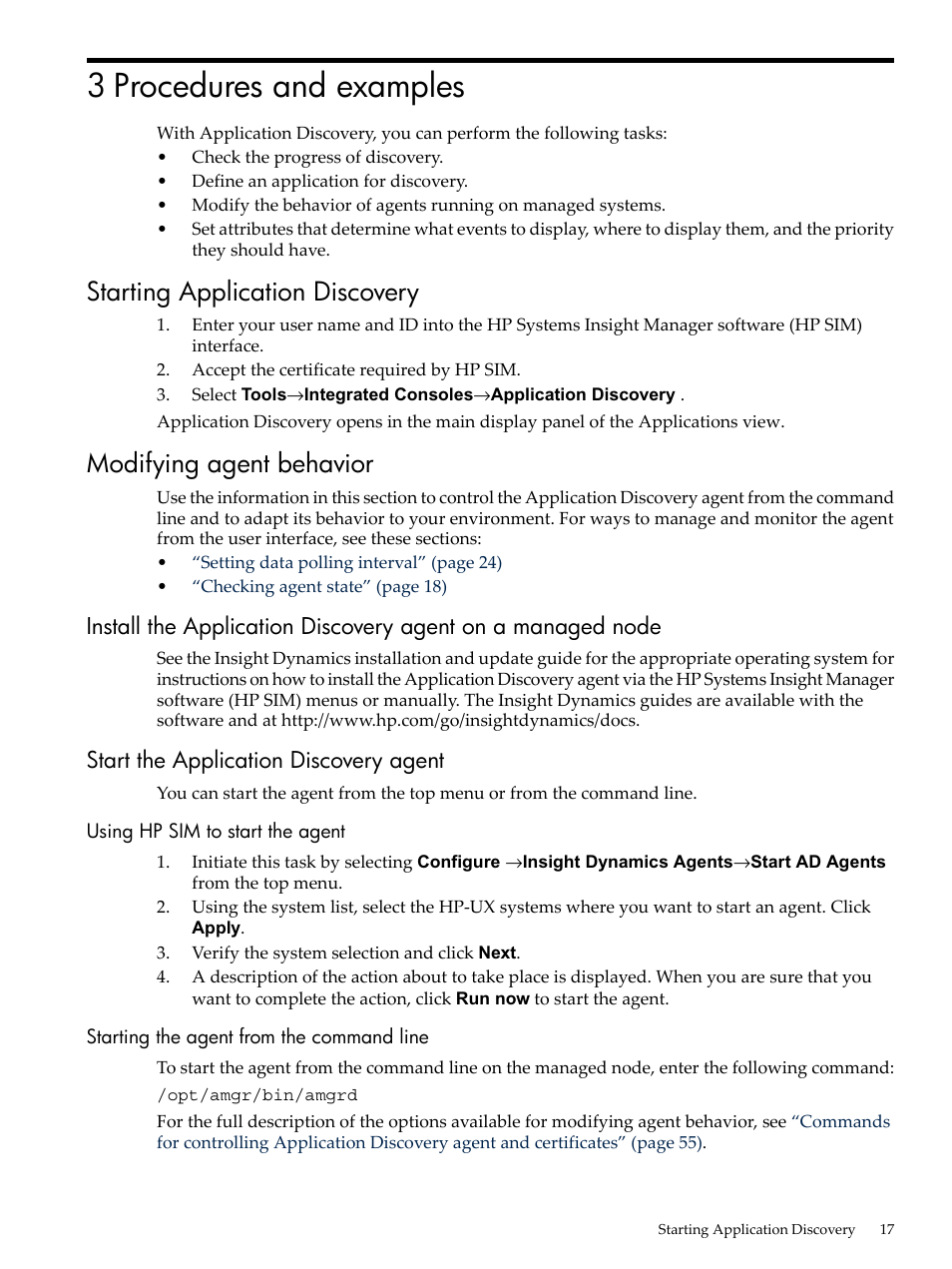 3 procedures and examples, Starting application discovery, Modifying agent behavior | Start the application discovery agent, Using hp sim to start the agent, Starting the agent from the command line | HP Matrix Operating Environment Software User Manual | Page 17 / 77