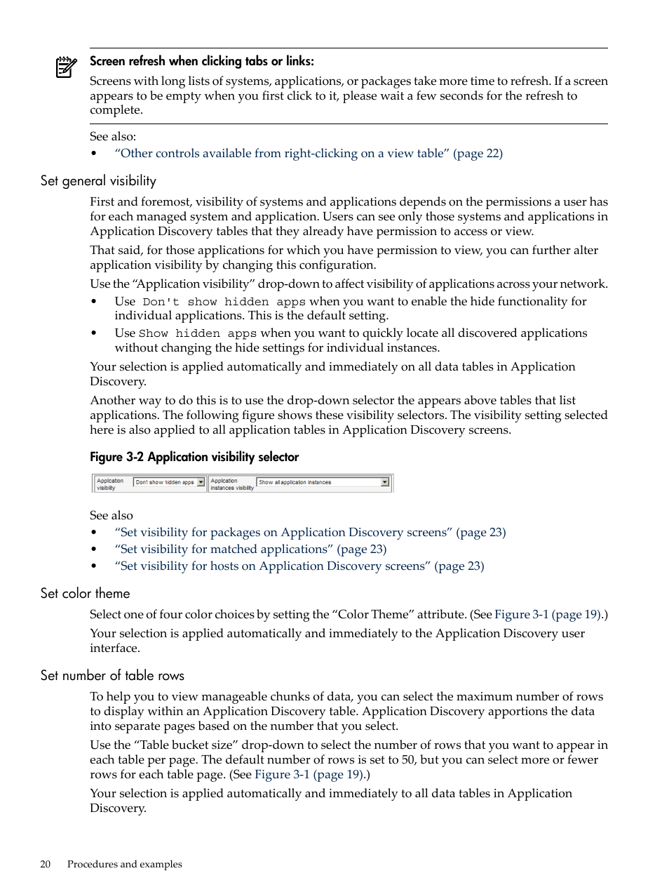 Set general visibility, Set color theme, Set number of table rows | Application visibility selector | HP Matrix Operating Environment Software User Manual | Page 20 / 77