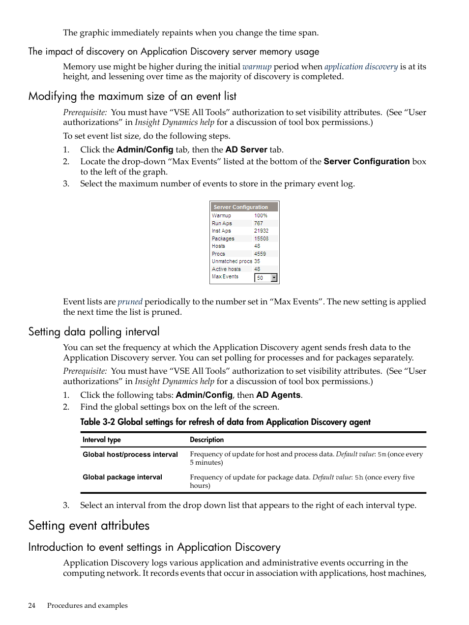 Modifying the maximum size of an event list, Setting data polling interval, Setting event attributes | HP Matrix Operating Environment Software User Manual | Page 24 / 77