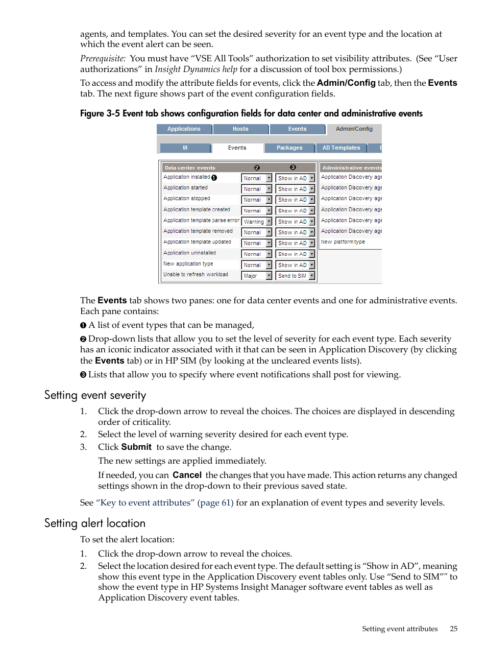 Setting event severity, Setting alert location, Setting event severity setting alert location | HP Matrix Operating Environment Software User Manual | Page 25 / 77