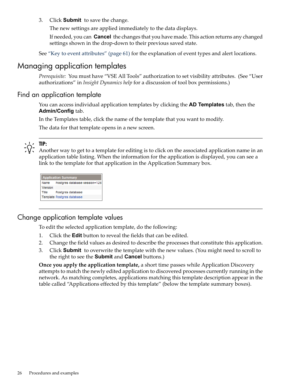 Managing application templates, Find an application template, Change application template values | HP Matrix Operating Environment Software User Manual | Page 26 / 77