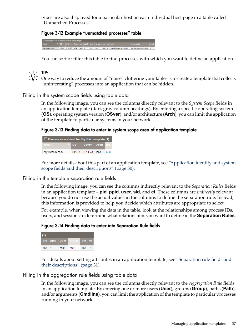 Filling in the template separation rule fields, Example “unmatched processes” table, Finding data to enter into separation rule fields | HP Matrix Operating Environment Software User Manual | Page 37 / 77