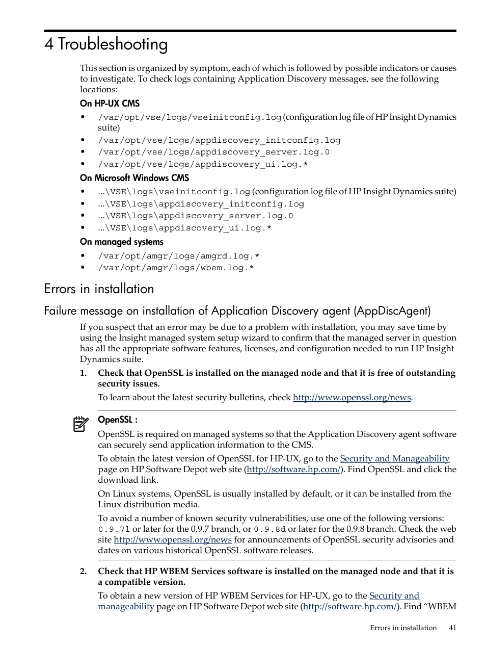 4 troubleshooting, Errors in installation | HP Matrix Operating Environment Software User Manual | Page 41 / 77
