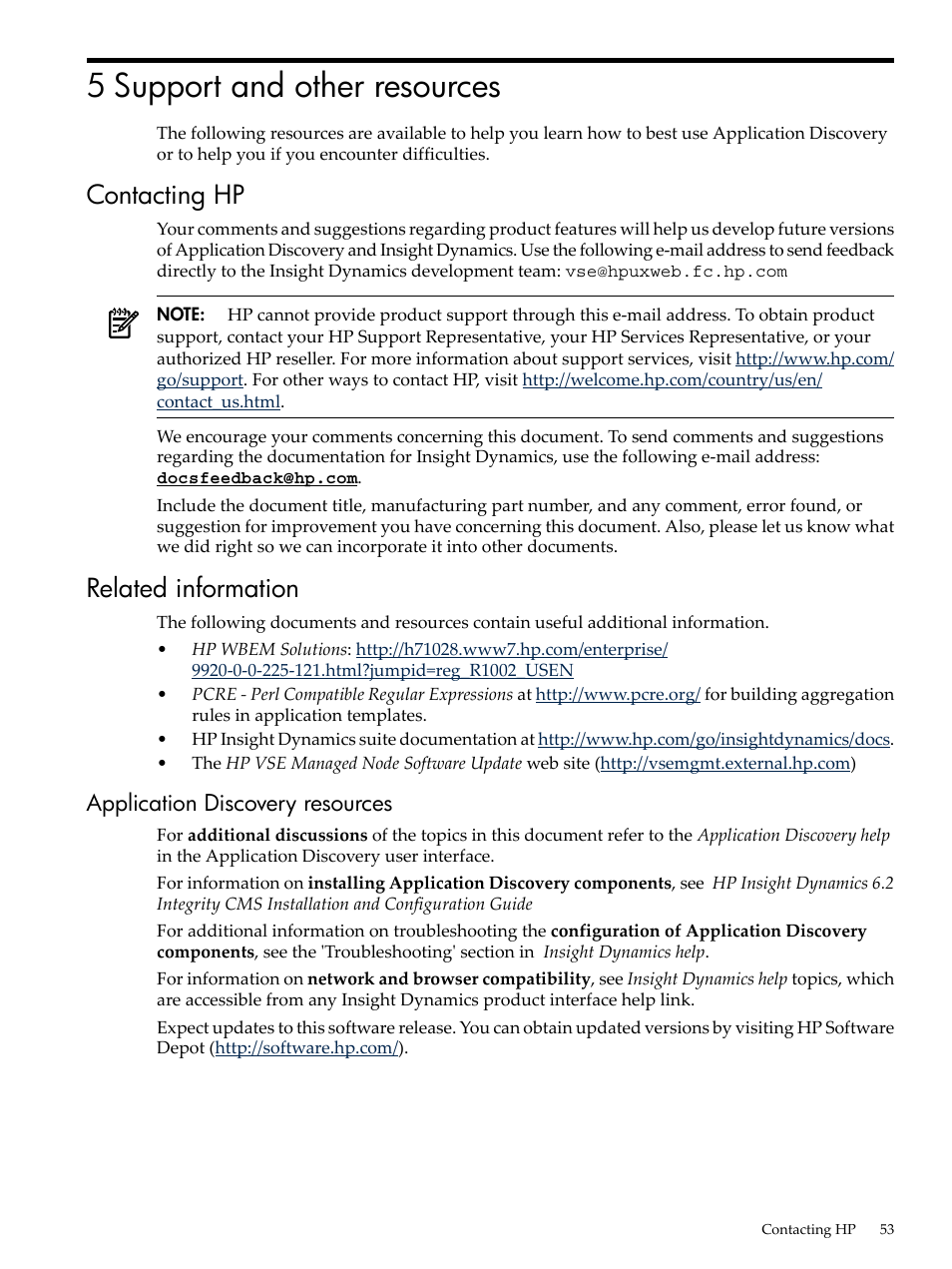 5 support and other resources, Contacting hp, Related information | Application discovery resources, Contacting hp related information | HP Matrix Operating Environment Software User Manual | Page 53 / 77