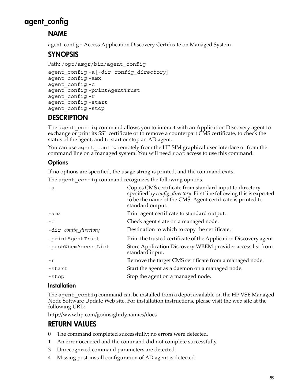 Agent_config, Name, Synopsis | Description, Return values | HP Matrix Operating Environment Software User Manual | Page 59 / 77
