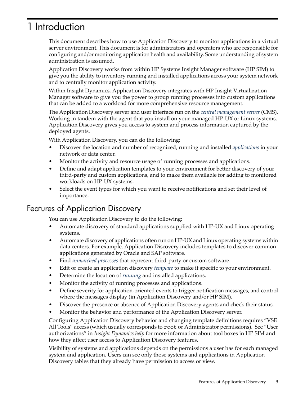 1 introduction, Features of application discovery | HP Matrix Operating Environment Software User Manual | Page 9 / 77