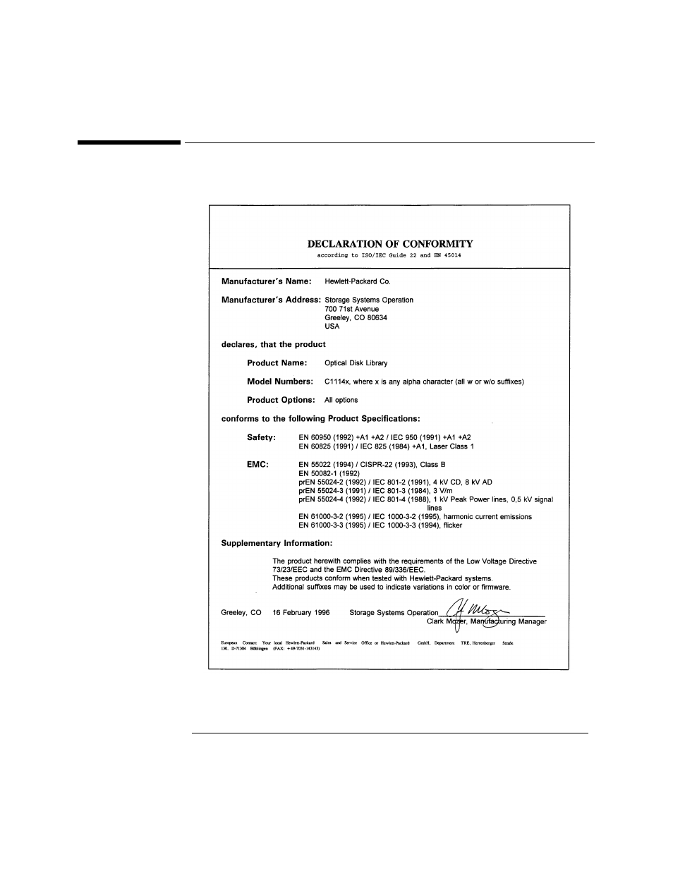 European declaration of conformity | HP 2600fx Optical Disk Drive User Manual | Page 53 / 65