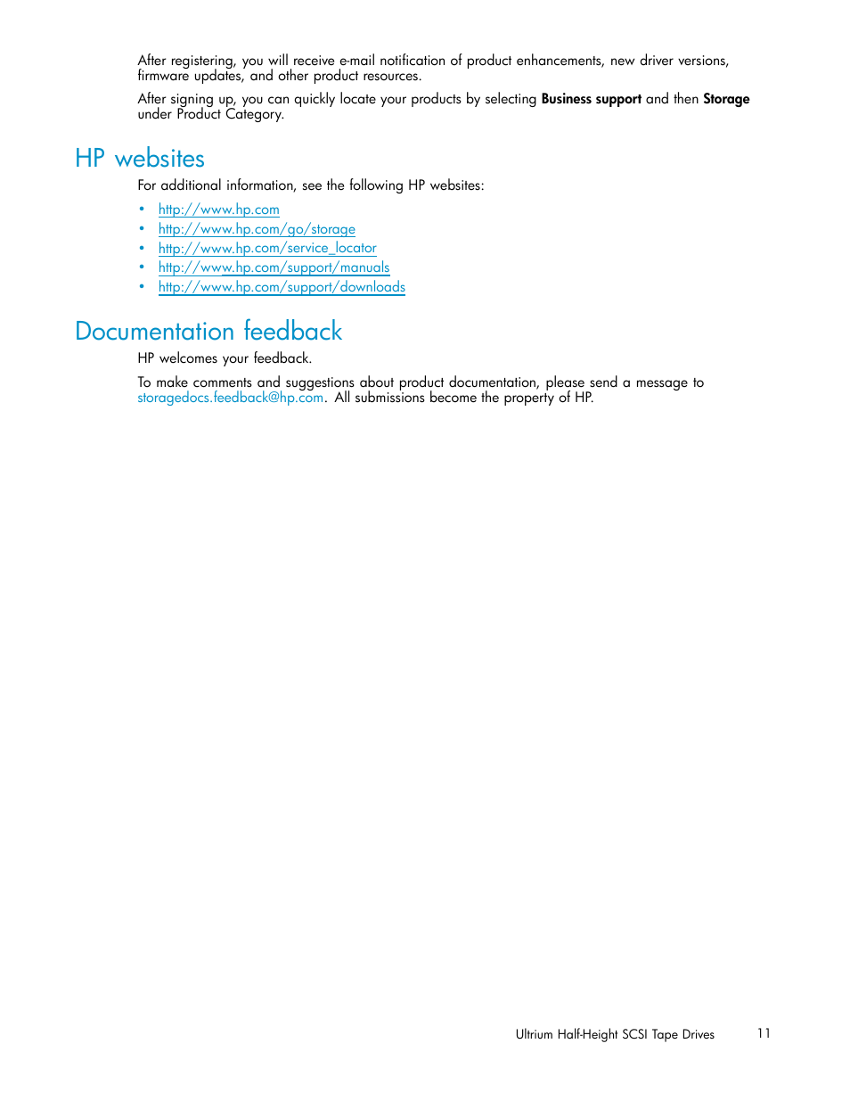 Hp websites, Documentation feedback | HP StoreEver Ultrium Tape Drives User Manual | Page 11 / 78