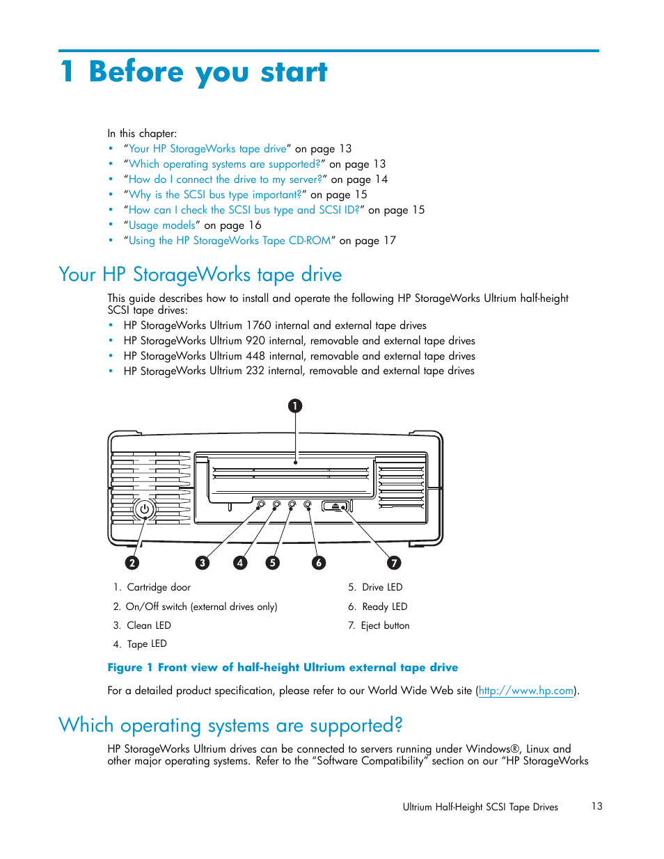 1 before you start, Your hp storageworks tape drive, Which operating systems are supported | HP StoreEver Ultrium Tape Drives User Manual | Page 13 / 78