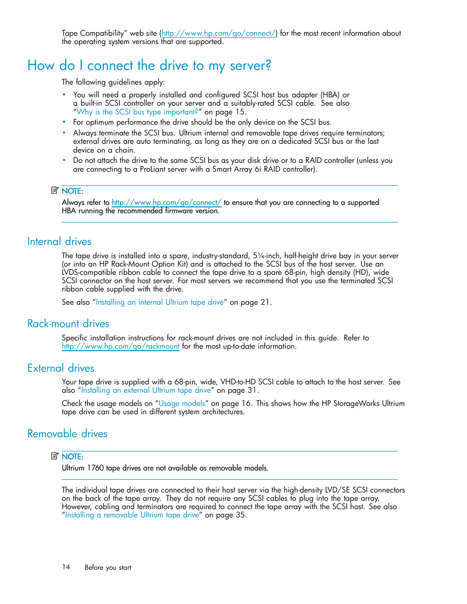 How do i connect the drive to my server, Internal drives, Rack-mount drives | External drives, Removable drives | HP StoreEver Ultrium Tape Drives User Manual | Page 14 / 78