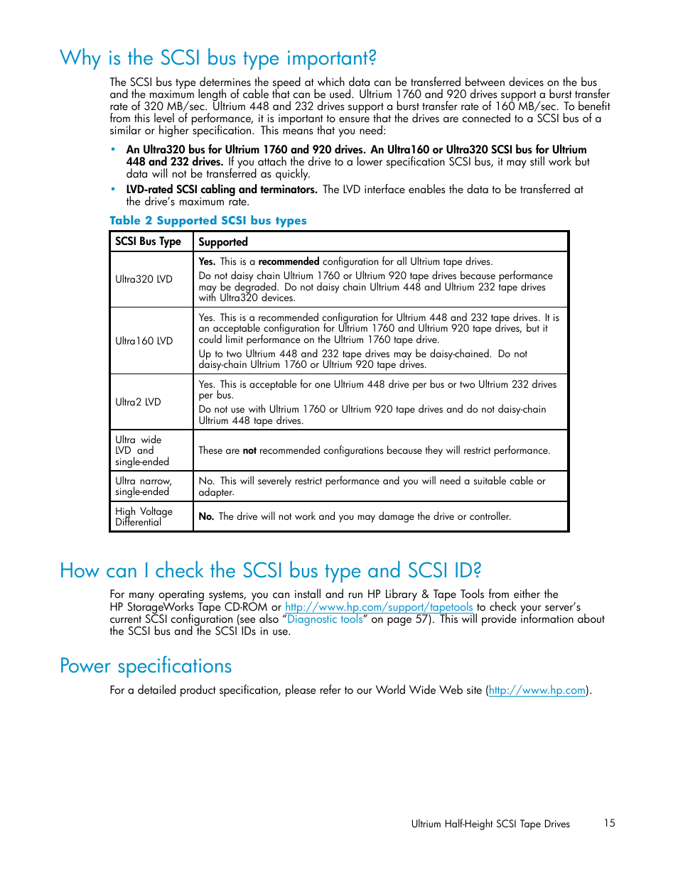 Why is the scsi bus type important, How can i check the scsi bus type and scsi id, Power specifications | 2 supported scsi bus types | HP StoreEver Ultrium Tape Drives User Manual | Page 15 / 78