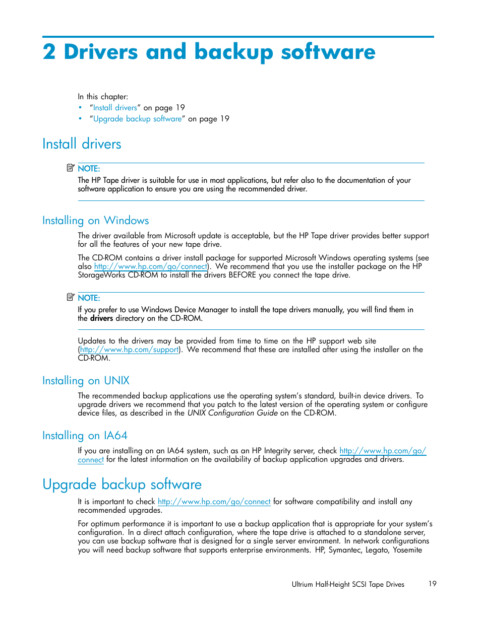 2 drivers and backup software, Install drivers, Installing on windows | Installing on unix, Installing on ia64, Upgrade backup software | HP StoreEver Ultrium Tape Drives User Manual | Page 19 / 78