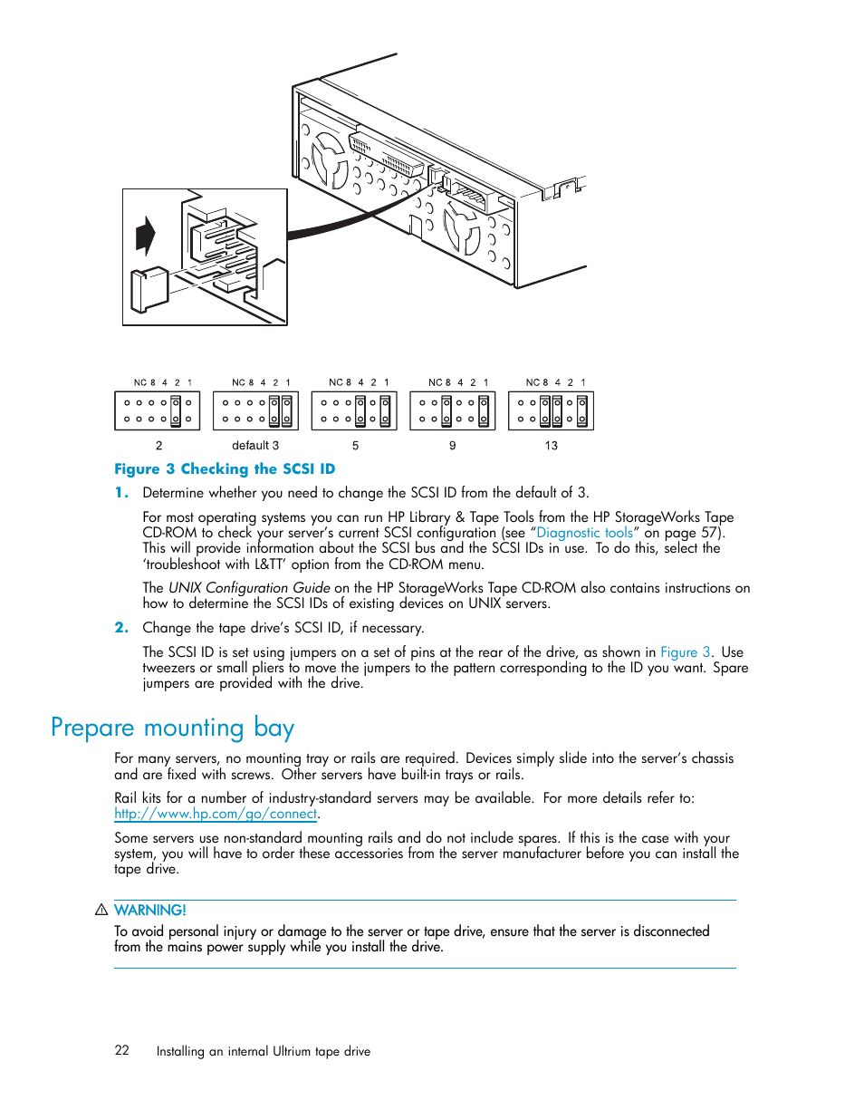 Prepare mounting bay, 3 checking the scsi id | HP StoreEver Ultrium Tape Drives User Manual | Page 22 / 78