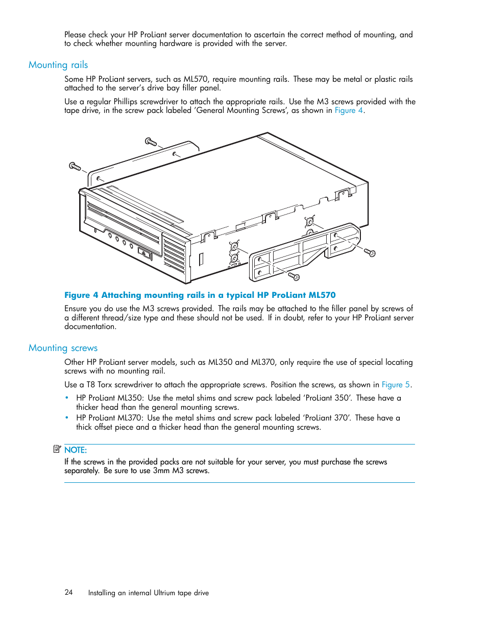 Mounting rails, Mounting screws | HP StoreEver Ultrium Tape Drives User Manual | Page 24 / 78