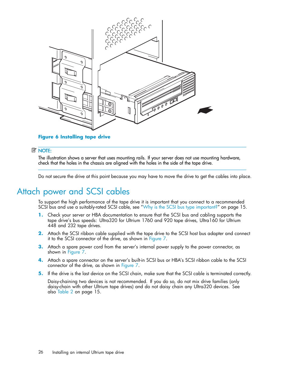 Attach power and scsi cables, 6 installing tape drive | HP StoreEver Ultrium Tape Drives User Manual | Page 26 / 78